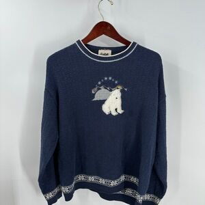 Northern Reflections Polar Bear Nordic Hem Pullover Sweater Navy Blue Size L
